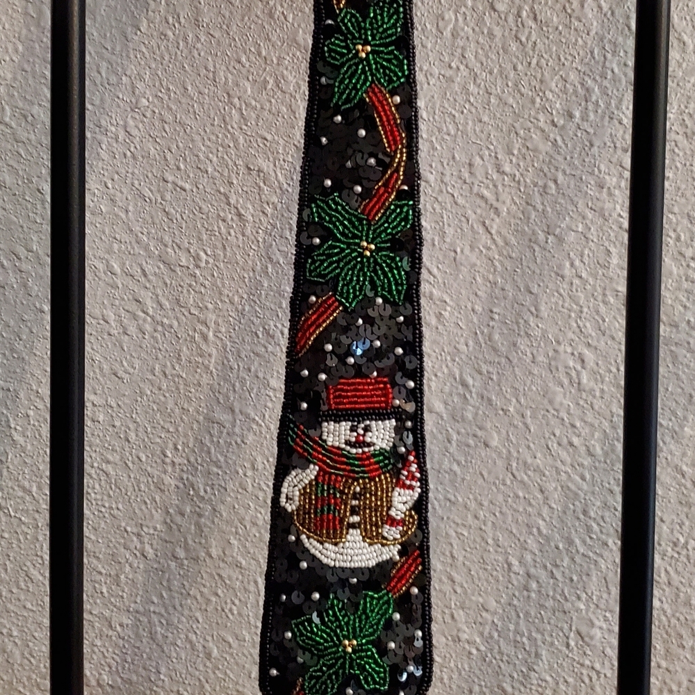 Beaded Christmas Tie Snowman Poinsettias Black
